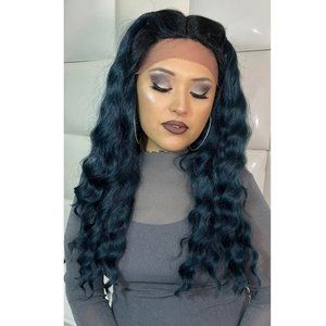 DARK GREEN TEAL Synthetic Swiss Lace Front Wig * Long Curly Wavy Mermaid Hair